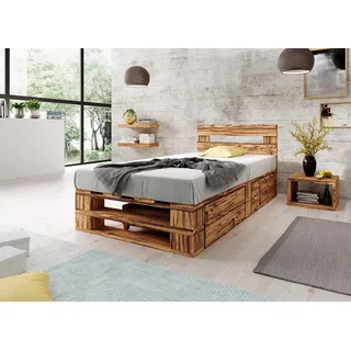Lermowood Palettenbett M2 aus Holz 100 x 200 cm Geflammt mit Kopfteil und 2 Bettkästen Holzbett 40cm Stabiles Seniorenbett Kinderbett Jugendbett Gästebett erhöhtes Bettgestell Komforthöhe Naturholz