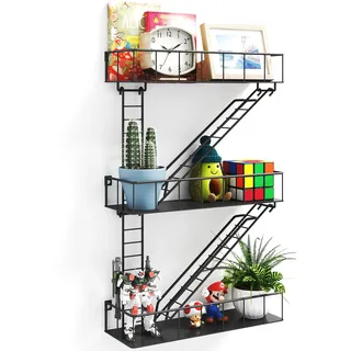 LUPWNEKA Schwarzes Metall-Feuerflucht-Wandregal, einzigartige dekorative Regale, New York Regal, Leiter, Aufbewahrung, Funky Knick Knack Organizer, industrielle Wandregale
