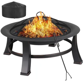 TLGREEN Feuerschalen für den Garten Φ76cm, Feuerschale mit funkenschutz und grillrost, Multifunctional Feuerstelle, Retro-Look Feuerkorb, mit 600D wasserdichte Oxford Abdeckung, für Grill und Party