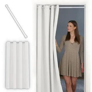 tinycurtains Türvorhang mit Stange weiß 70-120 cm Thermo Vorhang ohne Bohren, blickdicht, Ösen, verdunkelnd, Polyester, weiß Purity, Türgardine mit Klemmstange Raumtrenner Vorhang Tür weiß 150 cm x 210 cm
