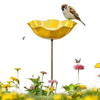 Keramik Vogeltränke Blume, Stehende Vogelbad Gartenstecker mit Stab, Wetterfest Frostsicher für Garten & Balkon, auch als Insektentränke nutzbar