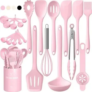 Silikon Küchenhelfer Set 22-teilig Rosa Utensilienhalter