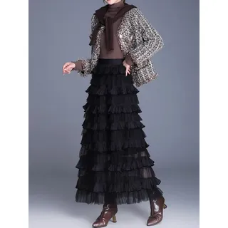 DEBAIJIA Meshrock Damen Frühling High Waist Herbst geschichteter Tüll-Tortenrock schwarz
