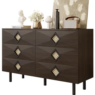 Schminktisch Mit 6 Schubladen Und Rattan-griffen, 2 Kabeldurchführungen, Metallbeine, Modern, Walnuss, 120×40×74 Cm