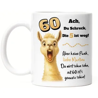 Tasse 60. Geburtstag - Personalisiert mit Namen - Lustiger Spruch Ach du Schreck, die 5 ist Weg" - Geschenk für Männer & Frauen 60 Jahre