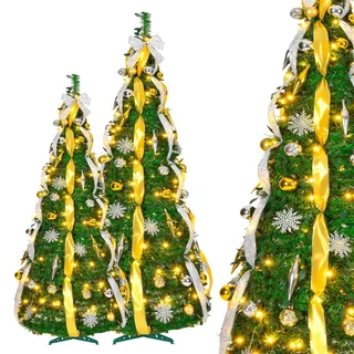 Aufun 180 cm Pop Up Spiral Weihnachtsbaum mit 150 LED Tannenbaum Künstlich | Zusammenklappbarer Christbaum Mit Weihnachtskugeln, Sternspitze, Weihnachtsdeko für Haus, Geschäft (Gold +Silber)