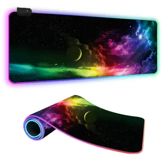 FANSU 3D-Universum RGB Gaming Mauspad XXL Groß Multifunktionales Mousepad mit 14 Farben LED-Licht, USB, für Computer PC Laptop Tastatur Professionelle Gamer (Bunt,900x400x4mm)