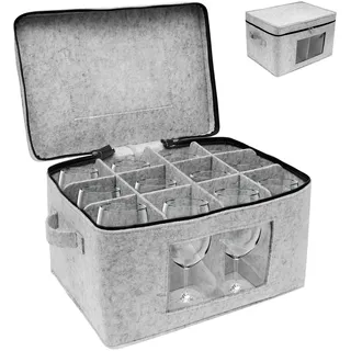 Guniata Aufbewahrungsbox für Weingläser,Stielgläser Organizer mit 12 Fächern und Griff,Transparentes Fenster,Gläserkarton für 12 Weingläser,Rotweingläser,Champagner Gläser,Stielgläser(grau)