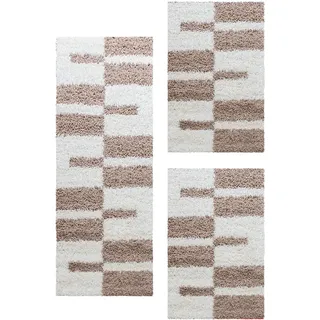 Carpetsale24 Bettumrandung Schlafzimmer 3 teilig Shaggy Hochflor Teppich Beige Bettvorleger Schlafzimmer Bettset: 2 St. 80x150 cm | 1 St. 80x250 cm - Flauschiger Teppich Läufer Set Kariert Design