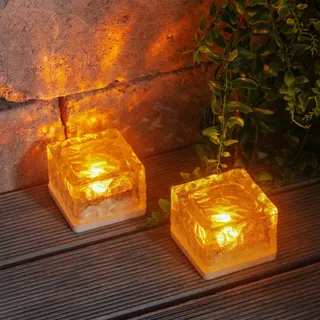 esotec Solarleuchte Glas 7x7x5cm 2er Set bernsteinfarbenes Licht