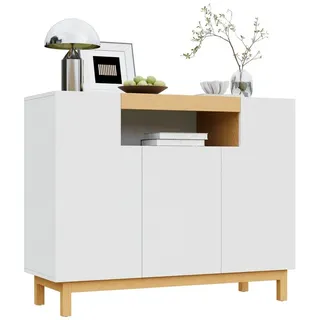 Refined Living Sideboard Sideboard mit 3 Türen und offenem Fach Holzoptik Modern (Weiß-Holz, Sideboard 120,5 cm, 3 Türen, offenes Regalfach, moderner Stauraum Schrank, 1 St., Minimalistisches, skandinavisches Möbel, Aufbewahrungsschrank), Multifunktionsschrank, für Wohnzimmer Esszimmer weiß
