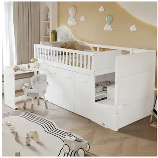 Flieks Hochbett Kinderbett 90x200cm mit herausnehmbarem Schreibtisch Gaderobe Schrank weiß