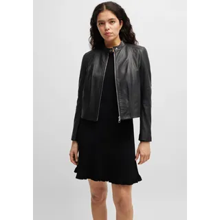 Lederjacke BOSS ORANGE "C_Saleste", Damen, Gr. 42, schwarz (schwarz 001), Obermaterial: 100% Lammleder, unifarben, casual, relaxed fit, hoch geschlossener Ausschnitt, Langarm eingesetzt eingefasste Kante, Jacken, mit Stehkragen