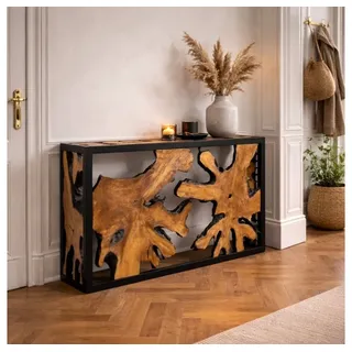 LebensWohnArt Konsolentisch Design Teak Konsole DUNCAN 120cm natural schwarzes Metall