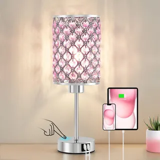GyroVu Moderne Tischlampe & Nachttischlampe, Dimmbare Kristall Touch-Lampe mit USB A+C Ports, Rosa Kleine Beleuchtung für Wohnzimmer & Schlafzimmer (Glühbirne inklusive)