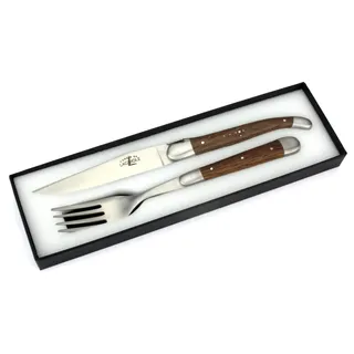 Forge de Laguiole - Steakmesser und Gabel je 1x im Set - Griff fossile Mooreiche - Steakbesteck Frankreich - Stahl satiniert