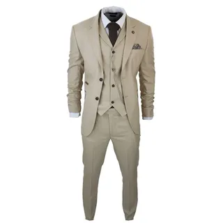 TruClothing.com Herren 3 Teilig Anzug Prinz von Wales Karo Creme Beige Vintage Hochzeit - 60