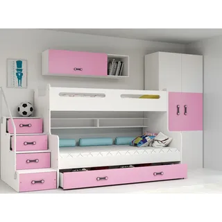 Interbeds Etagenbett Hochbett Stockbett mit Treppe und Stauraum Kinderbett Stauraumbett für Kinder und Jugendliche Bettgestell mit Lattenrost (weiß+rosa)