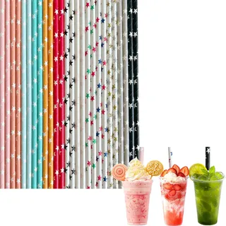 Strohhalme Papier Sternen, Papierstrohhalme Einweg 100 stück, Trinkhalme Biologisch Abbaubare Cocktail Strohhalme 20cm Drinking Straws für Geburtstag,Hochzeit,Weihnachten,Babyparty,Feier und Party