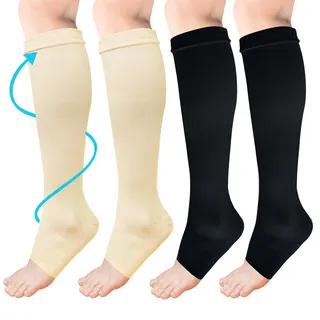 ACWOO Kompressionsstrümpfe für Damen Herren, 2 Paar Stützstrümpfe Medizinisch Kompressionssocken mit 15-20 Mmhg Schwarz Thrombosestrümpfe, Open Toe Compression Socks für Laufen, Sport, Flug, Radsport