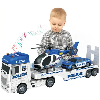 3-in-1 Polizei-Truck-Spielzeug für Kinder im Alter von 3–6 – 65,6 cm, extra großer Trägheits-Sattelanhänger mit Lichtern und Geräuschen, abnehmbarem Licht und Sound, Hubschrauber und Polizeiauto