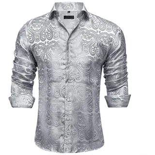 Smoking Style Herren Seidenhemd Langarm mit Paisley Muster für Events (L Silber)