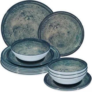 Melamin Geschirr Set Mondgranit Blau-Grau für 4 Personen Camping Picknick