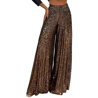 Pailletten Hose Damen High Waist - Weite Hose Damen Glitzer Hose Damen Elegant Haremshose Schlaghose Hochzeit Party Streetwear Freizeithose Weites Bein Lose Festliche Lange Hosen Frauen