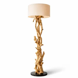 BLUMA Stehlampe 180 cm | Handgefertigte Treibholz Stehlampe aus Teakholz – rustikale Stehleuchte Holz mit E27 Fassung | Modern und natürlich lampe aus Holz mit Lampenschirm für das Wohnzimmer