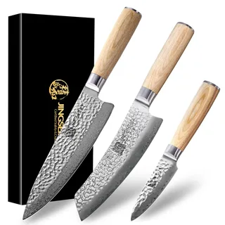 Jingseiho Japanisches Messerset Aus Echtem Damaststahl, VG-10 und 67-Lagig, Schärfe und Schnitthaltigkeit, Koch/Santoku/Schälmesser, Ideal Für Den Hausgebrauch und Als Geschenk