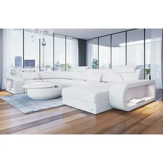 Sofa Dreams Wohnlandschaft Berlin U Form Mini Leder, Designersof, 6-Sitzer, LED-Beleuchtung, Couch, Kopfstützen, USB-Anschluss, Ottomane weiß