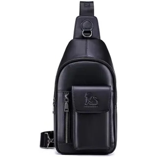 pundarika umhängetasche herren leder brusttasche herren sling bag,männer tasche Echtes Leder crossbody bag,tasche schultertasch multifunktional,Verstellbarer Schultergurt-Schwarz - 17.5 x 32.3 x 7.4 cm