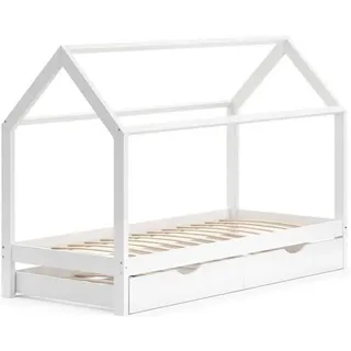 Famanu Hausbett 90x200 mit Ausziehbarem Gästebett - Skandinavisches Kinderbett aus Holz