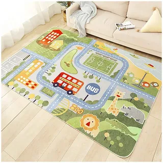 TYKTZXY Kinderteppich Spielen Teppich Straße Auto Tier Universum Blau Grün Grau(80×120cm,31×47inch)