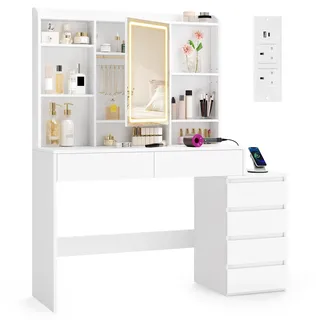 VASAGLE Kailyn Kollektion | Schminktisch mit LED-Spiegel Steckdosenleiste 40 x 124,7 x 145 cm wolkenweiß,