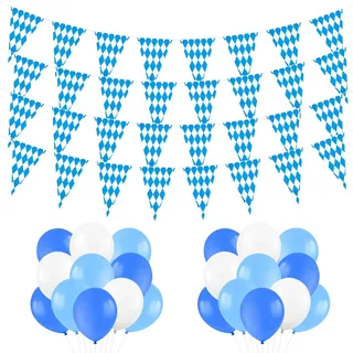 Oktoberfest Deko Set,20m Oktoberfest Girlande Wimpelkette Bayerische Deko | 20x30cm Bayerisch Wiesn Blau/Weiß Dreieck Banner,Bayrische Wimpelkette,30 Luftballons Blau Weiß für Bierfest Party Hausgarten