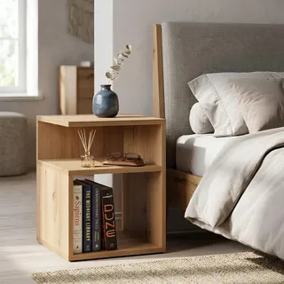 Krok Wood LORA Nachttisch Artisan-Eiche, Nachtkommode aus laminierter Spanplatte mit 2 offenen Fächern, Beistelltisch für Schlafzimmer und Wohnzimmer, 35 x 35 x 42 cm