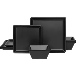 12-teiliges Melamin-Teller und Schalen-Set, quadratisches Geschirr-Set mit Tellern, Geschirr, schwarzen quadratischen Geschirr-Sets – Servierplatten für 4 spülmaschinenfest (quadratisch, schwarz)