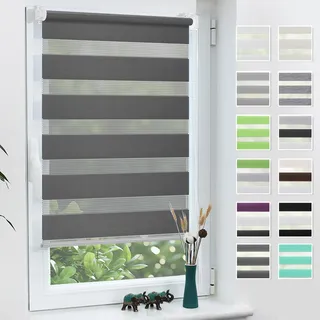 Grandekor Doppelrollo Klemmfix ohne Bohren 35x130cm Stoffbreite 35cm Anthrazit Fenster Rollos für innen Klemmrollos Duo Rollos für Fenster ohne Bohren mit Bohren Privatschutz UV-Schutz Zebrarollo