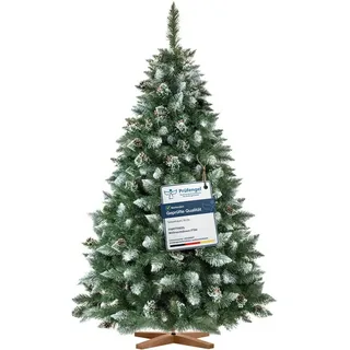 Fairytrees Künstlicher Weihnachtsbaum FT04, Kiefer Natur-Weiss beschneit, mit echten Tannenzapfen und Echtholz Baumständer grün 180 cm