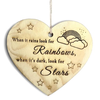 Holzschild mit Aufschrift "When it raains look for Rainbow" (in englischer Sprache) zum Aufhängen, positives Geschenk für Ihren Freund, Herz aus Holz, Freundschaftszitat, Motivationsgeschenk, FBA