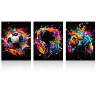 Dazzlewall 3 Stück Graffiti Jungenzimmer Wandbilder, Bunte Fußball Kopfhörer Gamepad Bilder für Schlafzimmer Jugendzimmer Spielzimmer Deko 12x16 Zoll Ungerahmt