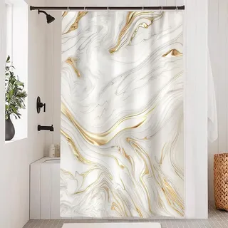 Uiiooazy Duschvorhang Schmal 90x180cm, Duschvorhang Anti Schimmel Weiß Gold Marmor Optik Grau Marmoriert Duschvorhänge Stoff Waschbar Wasserdicht Polyester Bad Vorhang mit 6 Haken für Badezimmer