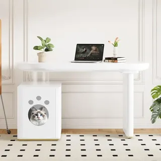 Schreibtisch mit Haustierbett, komplett lackiert, abgerundete Kurven, 5 cm dicke Beine, stabil und modern, Haustiergrößen M–XL - Weiß