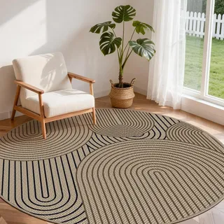 VSIWB Teppich rund 200 cm, Leichter Jute Aussehen Teppich, rutschfest Wohnzimmerteppich, Outdoor Teppich Waschbarer, Minimalistisch Boho Teppich Braun für Schlafzimmer, Wohnzimmer und Balkon