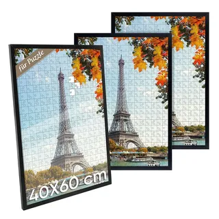 3 Pack Bilderrahmen 40x60 Schwarz, Rahmen 60x40 Puzzle Wandrahmen, Holz MDF Rahmen mit Bruchsicherem Acrylglas, für Poster, Collage, Fotos, Bilder - Schwarz