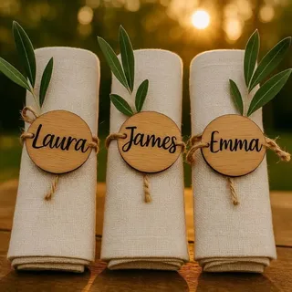 Runder Serviettenring Aus Holz Mit Namensgravur, Personalisierte Tischkarte Gravur, Anhänger Naturholz Hanfseil-Verzierung for Hochzeiten, Jubiläen Und Weihnachten(50pcs)