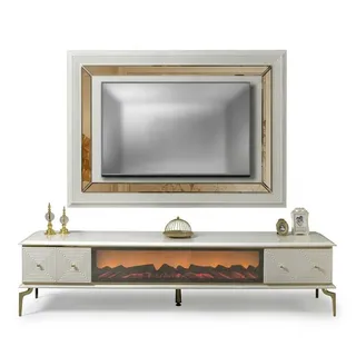 JVmoebel Sideboard Kamin Wohnwand mit TV Panel und Edelstahl-Füßen in Weiß, Made in Europa weiß