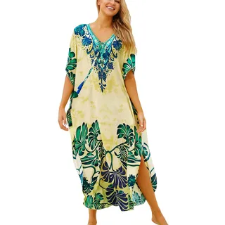 LikeJump Damen Baumwolle Hippie Kaftan Knielang Strandkleid Bikini Cover-up Badeanzug Kleidung - Einheitsgröße