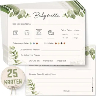 OLGS Babyparty Ratespiel 25 Karten zum ausfüllen DIN A6 | Babywette Tippkarten für Babyshower | Gender Reveal Party Quiz für Junge und Mädchen | Schwangerschaft Geschenk Baby Party Spiele - Eucalyptus